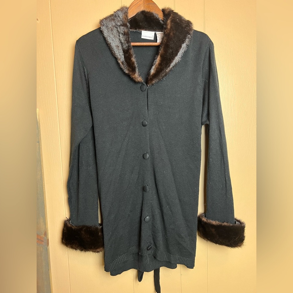 Fashion Bug Charcoal Cardigan with Brown Faux Fur